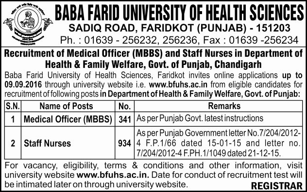 Punjab Health and Family Welfare Department Recruitment 2016 Advertisement